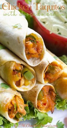 Chicken Taquitos with avocado creme are a quick, healthy and a tasty meal with chicken and fresh fruit, rolled into crunchy tortilla. #chicken #avocado #recipes