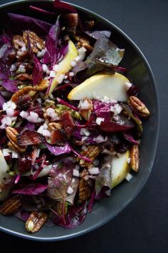 Red Spinach Salad with Pear, Bacon, Candied Pecans, Cranberries and Honey Shallot Vinaigrette