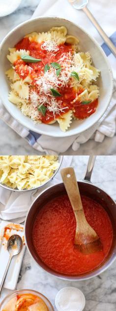
                    
                        Just 5 ingredients and either fresh or canned tomatoes go into one of my favorite pasta sauces ever
                    
                