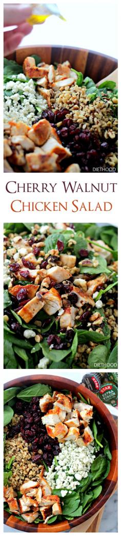 Cherry Walnut Chicken Salad | www.diethood.com | Delicious chicken salad featuring a combination of dried cherries, walnuts and baby spinach tossed with a simple olive oil and vinegar dressing. @diethood