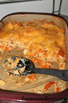 Chicken Dorito Casserole - Ingredients: 3-4 BSCB baked 1 regular sized bag of original Doritos 1 can Cream of Mushroom 1 can Cream of Chicken 3/4 cup Milk Shredded Cheese   Step 1: I like to pre-bake my chicken breasts and I tend to do it the same way for most of my recipes. Sprinkle with Pampered Chef Southwest Seasoning and Garlic salt in bottom of baker.      Step 2: Place BSCB in baker, sprinkle the tops of the chicken with same seasonings and bake for 25-30 min on 375    Step 3: While waiting for chicken to bake, combine both cans of Cream of Mushroom and Cream of Chicken in a bowl, along with milk and stir. This will make the ‘saucy’ portion of the dish. But being the goober that I am sometimes, I totally missed taking a picture of this step, so you will just have to take my word on it.    Step 4: After taking the chicken out of baker, add a layer of Doritos to the bottom.      Step 5: Chop Chicken breasts up and place a layer of chicken on top of Doritos.        Step 6: Add the creamy sauce on top of the chicken. (NO picture…sorry.)   Step 7: Add any remaining Doritos on top and finish with a layer of shredded cheese. (I use the Mexican shredded blend from Costco and tend to be VERY generous with my layer!)        Step 8: Bake in over on 375 – 400 for 15 -20 minutes or until heated through and cheese is melted.   And then serve this yummy (but certainly not low-fat or ‘healthy) casserole to all the Dorito lovers in your life and I promise that it will be gone in a few minutes…mine always is!
