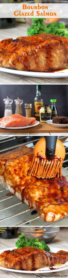 Bourbon Glazed Salmon | #holiday #entertainment #dinnerparty #festive | YummyAddiction.com HA! Bourbon Glazed Salmon. #Food Ideas