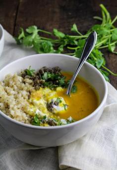 sweet potato coconut soup w brown rice and lentils