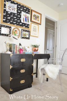 
                    
                        Glam girls room -Craigslist Campaign desk refinished in Black, Gallery wall,  & Ghost chair
                    
                