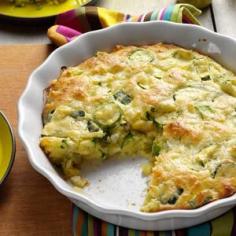 ZUCCHINI ONION PIE RECIPE 6 Servings~Prep/Total Time: 30 min.  Ingredients: 3 EGGS 1 c. grated PARMESAN CHEESE 1/2 c. CANOLA OIL 1 tblsp. minced fresh PARSLEY 1 garlic CLOVE, minced 1/4 tsp. SALT 1/8 tsp. PEPPER 3 c. sliced ZUCCHINI 1 c. BISCUIT BAKING MIX 1 sm. ONION, chopped   Directions:  In a large bowl, whisk first 7 ingredients.  Stir in zucchini, baking mix & onion.  Pour into a greased 9" deep-dish pie plate.  Bake 350°  25-35 minutes til lightly browned. © Taste of Home 2014
