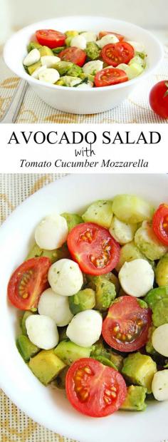 
                    
                        Avocado Salad with Tomato, Cucumber and Mozzarella served with some crunchy french bread and you’ve got a cool, easy dinner for a hot day.
                    
                