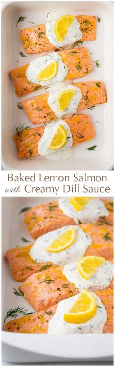 
                    
                        Baked Lemon Salmon with Creamy Dill Sauce – this salmon is AWESOME and it’s totally healthy! It has gotten great reviews!
                    
                