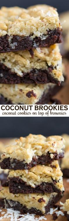 STOP IT!!!! ;) ~ Gail ... Coconut Brookies are part brownie, part coconut sugar cookies. Two easy recipes combine into one decadent bar cookie. This is the perfect potluck recipe!