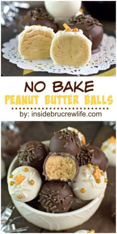 
                    
                        Easy no bake peanut butter balls dipped in two kinds of chocolate makes a delicious treat any time of year.
                    
                