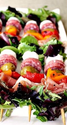 Antipasto Salad Kabobs, one of my most pinned recipes. Portable salad on a stick...awesome party food! www.mantitlement.com