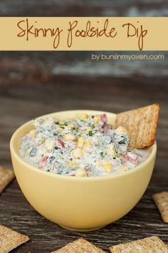 Skinny Poolside Dip #recipe 1 red pepper, 2 jalapenos (unseeded), 1 can of corn, 1/2 can diced olives, 16 oz fat-free cream cheese (softened, or sub greek yogurt!), and 1 packet Hidden Valley Ranch dip seasoning mix. Mix ingredients together. Serve with crackers or raw veggies