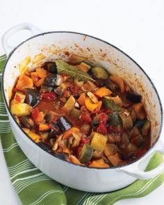 Ratatouille - Easy, delicious and rather cheap. This recipe makes a ton and pairs really well with the peasant bread recipe in our favorites.