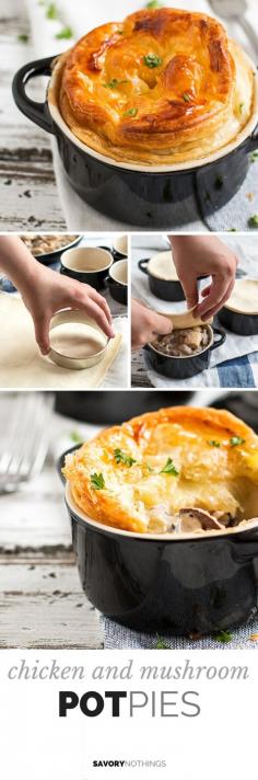 Pie recipes | chicken recipes | comfort food recipes | Chicken and Mushroom Pot Pies Recipe - This is a classic British comfort food! Perfect for the colder months! | savorynothings.com