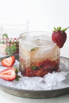 Strawberry Mint Bourbon Smash | bourbon, st. germaine, soda water, bitters, strawberries, mint leaves, sugar