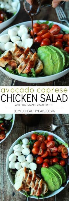 
                    
                        Avocado Caprese Chicken Salad topped with a light Balsamic Vinaigrette
                    
                
