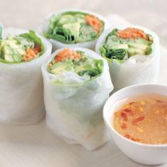 Cucumber Avocado Summer Rolls  Rich, nutty avocado is a great carrier of flavors, like the fresh herbs and cooling cucumber that star in these fresh rice-paper rolls. Srve with the savory dipping sauce. These rolls are like a salad that is eaten out of hand.  Ingredients:        Juice from 1/2 lime      2 Tbs. rice bran or canola oil      1 Tbs. rice vinegar      1/2 tsp. Dijon mustard      1/2 tsp. soy sauce      1 tsp. brown sugar      2 Haas avocados...