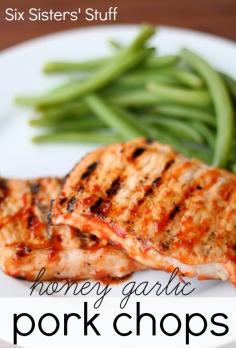 Honey Garlic Pork Chops from http://SixSistersStuff.com. Dont put your grill away for summer before you try this tasty recipe! #grilling #pork #dinner #pork #chop #recipes