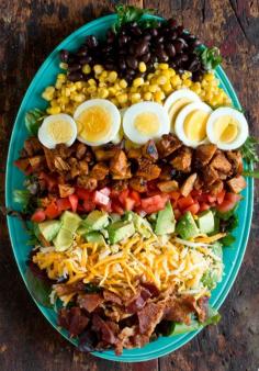 Recipe:  BBQ Chicken Cobb Salad   Recipes from The Kitchn no black beans or cheese