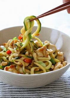 Kung Pao Chicken Zoodles for Two -under 300 calories per serving!  Enjoy chicken, vegetables, yummy sauce, and topped with crushed peanuts – amazing!