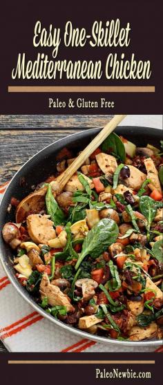 One skillet Paleo Mediterranean chicken recipe(dairy free) | A Mediterranean-inspired meal that takes just minutes to prepare! This colorful coastal dish is layered with lean protein, fresh veggies, and intense flavors. One-pan clean up!