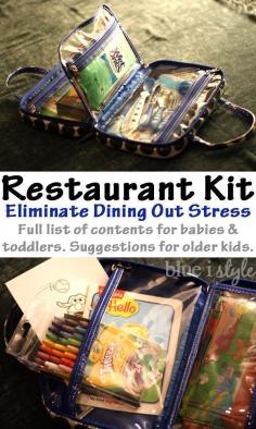 
                    
                        Create a Restaurant Kit with all the essentials you need to eliminate the stress of dining out with kids. Keep it in the car, and you'll always be prepared! You'll find a full list of contents for babies and toddlers, as well as suggested contents for older kids.
                    
                