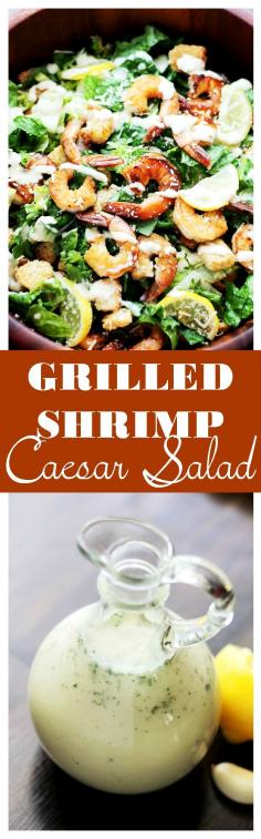 Grilled Shrimp Caesar Salad with Homemade Light Caesar Dressing - Crunchy and creamy classic caesar salad tossed with juicy grilled shrimp, garlic croutons, and a lightened-up, homemade caesar salad dressing made without egg yolks!