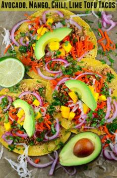 Avocado, mango, chili, lime tofu tacos. fresh, plant based delicious tacos. #vegan, #vegetarian #tacos #5demayo, #avocado, #mango, #dairy free, #kosher