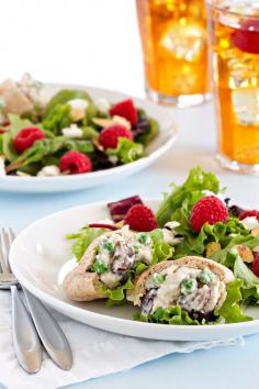 Mini Chicken Salad Sandwiches recipe made extra special with grapes, almonds, and tiny pita breads. A tasty light summer lunch or dinner!