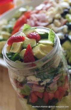 Lunch in Mason Jars- lots of salad recipes for mason jar lunches. The jars help keep the food fresh so you can make a week's worth of food ahead of time.