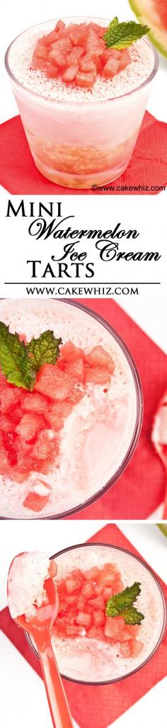
                    
                        Beat the heat this Summer by making these easy no-bake mini WATERMELON ICE CREAM TARTS! From cakewhiz.com
                    
                