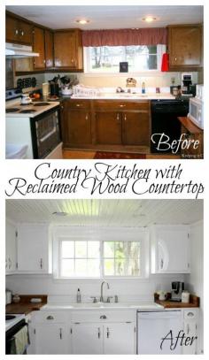 Country Kitchen with Reclaimed Wood Countertop @Remodelaholic