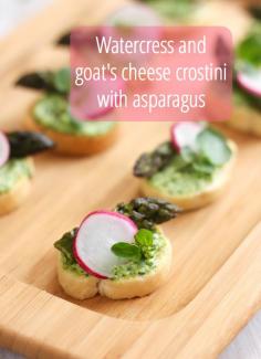 Watercress and goat's cheese crostini with asparagus and radishes - perfect little bite-sized canapés for a summer party.