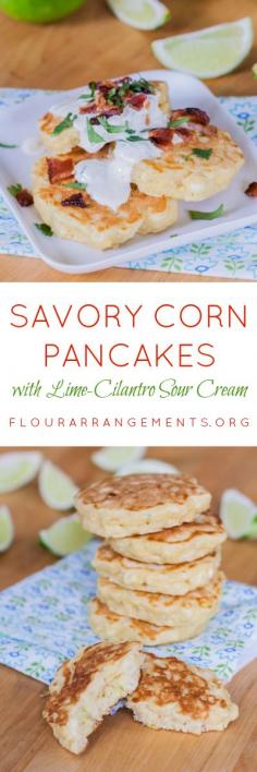 
                    
                        Topped with Lime-Cilantro Sour Cream and sprinkled with chopped bacon, these Savory Corn Pancakes taste like little bites of summer.
                    
                