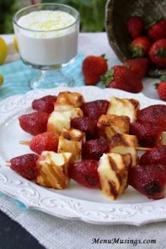 Grilled Strawberry Shortcake Kabobs--Menu Musings of a Modern American Mom: Strawberry shortcake on a stick? Face it, we all enjoy eating food off of a stick. Don't you know a kid (maybe even a big person) who would enjoy eating this cool dessert? Even if its a dinner party out on the back deck... these will steal the show! Then you get to DIP it! That's another kid favorite thing... something to dip. We whipped up a batch of lemon scented sweetened whipped cream