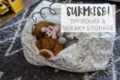 DIY Square Pouff with Sneaky Storage for Kids Plush Toys- what a great idea! Would work for extra pillows or blankets too