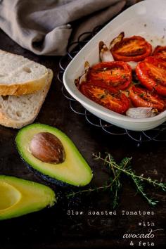 Slow roasted tomatoes with avocado and feta
