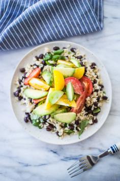 Heirloom Tomato and Avocado, Rice and Black Bean Bowl with Garlic Chive Créme Fraîche | The Flourishing Foodie