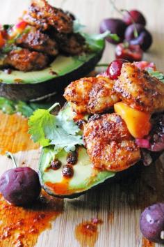 
                    
                        Spicy shrimp and mango cherry salsa avocado boats // Rhubarbarians
                    
                