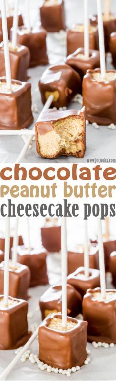 Chocolate Peanut Butter Cheesecake Pops - creamy chocolaty and smooth peanut butter cheesecake pops, perfect for parties and fun to make with your kids.