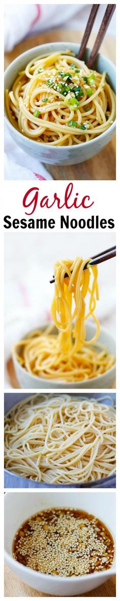 Garlic Sesame Noodles – Asian-flavored spaghetti with soy sauce, oyster sauce, garlic and sesame. Easy and delicious recipe that takes 15 mins to make | rasamalaysia.com | #noodles #asian