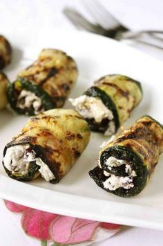 Low Carb - Grilled Zucchini Roll Recipe with Herbed Goat Cheese & Kalamata Olives #zucchini