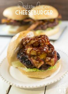 Western Bacon Cheeseburger - This thick and delicious juicy burger is perfect when topped with cheddar cheese, crispy bacon, onion rings and Kraft Hickory Smoke Barbecue Sauce! Its better than anything you'd get at a burger joint or fast food restaurant.  #RecipeSerendipity #recipe #food #cooking