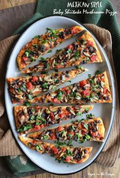 Mexican Style Baby Shiitake Mushroom Pizza has a good head start with the use of naturally spicy Shiitake mushrooms.  Just layer a few more goodies for a great, easy and unusual pizza.