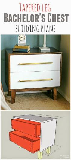 How to build a modern tapered leg bachelor's chest. Free nightstand building plans. I could totally build this myself!  #buildings #building