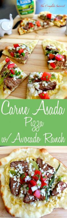 Carne Asada Pizza with Avocado Ranch ~ Grilled carne asada and green onions on a traditional pizza topped with queso fresco and pico de gallo in a creamy Avocado Ranch sauce. ~ The Complete Savorist @hvranch #WhatsYourRanch #Ad