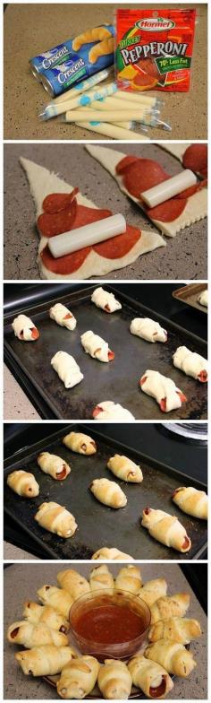 Crescent roll pizza bites | No click-through recipe, just kinda tried to follow these pics. But they turned out great! Served with some kind of tomato sauce, I don't remember.