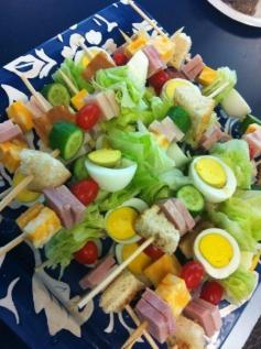 Chef salad on a stick with salad dressing for dipping sauce!  Minus the eggs!