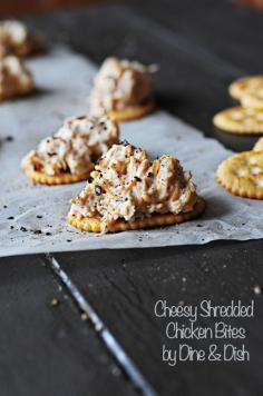 Cheesy Shredded Chicken Bites.  A simple cheesy chicken appetizer. Perfect little party bites!