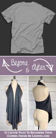 Old Tee turned into a cute draped vest! No sewing, just cutting. And other DIY clothes!