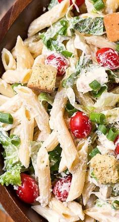 Made for Hayden's Party! It was SO delicious!! Caesar Pasta Salad ~ A creamy and delicious pasta salad with all the flavors of a Caesar Salad.